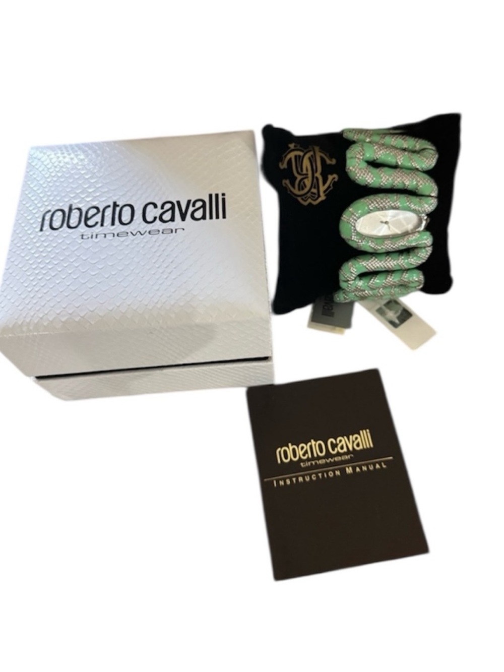 #61 NWT Roberto Cavalli Cleopatra Mint Green Enamel Snake Watch